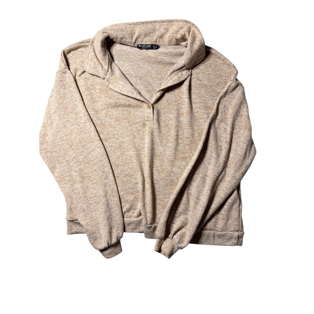 Nasty Gal Collection Tan Marl Long Sleeve Polo Sweater Top Size 6 Womens